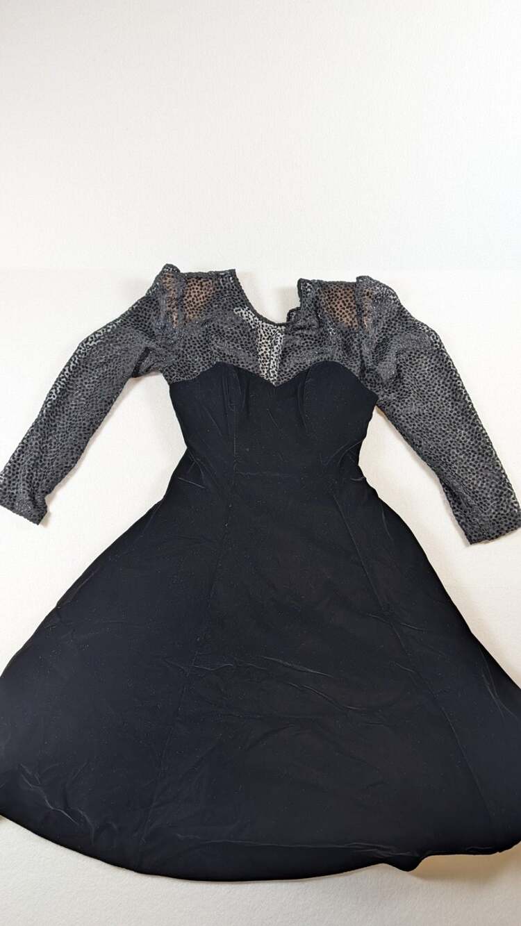 80s Black Velvet Polka Dot Illusion Long Sleeve Party Dress vintage size 12